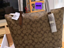蔻馳（COACH）【品牌直供】女士中號托特包單肩手提包卡其色拼棕色4455 曬單實(shí)拍圖