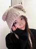 CACUSS毛線(xiàn)帽子女士秋冬可愛(ài)針織帽戶(hù)外大頭圍保暖帽護耳羊毛套頭帽淺駝 曬單實(shí)拍圖