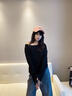 早秋裝2025明星同款黑色斜角肩長(cháng)袖T恤女打底衫一字露肩慵懶上衣 黑色 M 【110-125斤】 曬單實(shí)拍圖