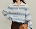 茵曼（INMAN）2025秋冬女裝新款復古波浪鏤空條紋毛衣寬松拉鏈翻領(lǐng)針織衫 白底藍條 S 曬單實(shí)拍圖