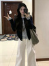 韓璐嬌（hanlujiao）休閑褲女裝套裝2025新款早秋韓系穿搭一整套學(xué)院風(fēng)毛衣褲子兩件套 假兩件毛衣+白色褲子 M 曬單實(shí)拍圖