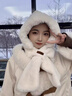 恒源祥圍巾帽子女冬天保暖圍巾一體連體套頭帽騎車(chē)防寒護耳可愛(ài)毛絨圍脖 奶白色 曬單實(shí)拍圖