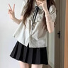 皓娥 甜美學(xué)院風(fēng)套裝女夏娃娃領(lǐng)荷葉邊條紋短袖襯衫半身裙短裙兩件套 【兩件套裝】短袖襯衫+黑百褶裙 M 建議：85-95斤 曬單實(shí)拍圖