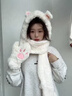 skingcond韓版兔子耳朵三件套帽子圍巾手套一體女冬天可愛(ài)加厚連帽保暖圍脖 兔手套毛絨一體帽-白色 均碼(56-58cm) 曬單實(shí)拍圖