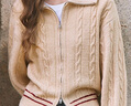 百圖betu女裝2025春季新款毛針織衫翻領(lǐng)撞色邊麻花拉鏈開(kāi)衫女2501X05 卡其色 M 曬單實(shí)拍圖