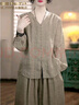 夏典素訂女王（SE.PSTP）時(shí)尚復古棉麻套裝女2025夏季新款輕奢寬松顯瘦減齡上衣+褲子 卡其色 2XL 126-135斤 曬單實(shí)拍圖