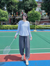 徽格兒（phigeer）跑步速干運動(dòng)套裝女秋季透氣寬松健身訓練服專(zhuān)業(yè)鍛煉網(wǎng)球服長(cháng)袖 奶油藍兩件套(墨灰褲) M 曬單實(shí)拍圖