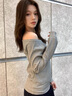 別語(yǔ)斜肩上衣女長(cháng)袖寬松顯瘦慵懶風(fēng)高級感氣質(zhì)兩穿露肩T恤 灰色  L  曬單實(shí)拍圖