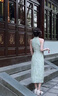 柏潮新中式國風(fēng)改良旗袍連衣裙子女夏季小個(gè)子長(cháng)款印花掛脖露肩連衣裙 綠色披肩 S 曬單實(shí)拍圖