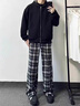 POUM黑白格休閑褲子男新款秋冬季潮穿搭慵懶格紋闊腿褲子微喇直筒長(cháng)褲 OPXFS-C125黑色 XL 曬單實(shí)拍圖