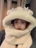 龍覘圍巾帽子手套一體女連帽冬季帽可愛(ài)保暖圍脖毛絨冬天三件套厚防寒 卡其色 曬單實(shí)拍圖