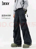 IZEXX美式工裝褲男春季高街直筒闊腿潮流扎染休閑長(cháng)褲子KW99黑色L 曬單實(shí)拍圖