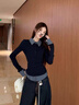 polo領(lǐng)假兩件溫柔風(fēng)韓系上衣女秋冬內搭小個(gè)子打底衫格子長(cháng)袖T恤 藏青色 S 曬單實(shí)拍圖