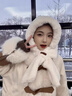 恒源祥圍巾帽子女冬天保暖圍巾一體連體套頭帽騎車(chē)防寒護耳可愛(ài)毛絨圍脖 奶白色 曬單實(shí)拍圖