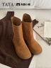 他她（TATA）加絨盧昱曉同款小熊靴棕色西部靴女短靴堆堆靴時(shí)裝靴 黃棕 37 曬單實(shí)拍圖