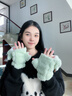 趣木也拼色圣誕鹿半指翻蓋手套女冬天保暖防凍加絨加厚可愛(ài)學(xué)生寫(xiě)字騎車(chē) 米色【翻蓋麋鹿手套】 曬單實(shí)拍圖