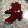 卡帝樂(lè )鱷魚(yú)（CARTELO）方頭高跟短靴女紅色粗跟新款冬季婚鞋新娘鞋訂婚秀禾防水臺馬丁靴 紅色 37 曬單實(shí)拍圖