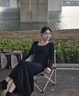 名橙低圓領(lǐng)T恤女秋季純色簡(jiǎn)約時(shí)尚內搭彈力修身長(cháng)袖螺紋顯瘦打底上衣 黑色—【螺紋修身】 L 【適合105-120斤】 曬單實(shí)拍圖