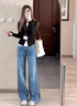 魯雅爾復古窄版加絨加厚直筒牛仔褲女秋冬季小個(gè)子闊腿垂感顯瘦保暖棉褲 中藍色 加絨 L 曬單實(shí)拍圖