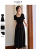 梵希蔓修身U領(lǐng)短袖連衣裙夏季新款法式顯瘦赫本風(fēng)長(cháng)裙 黑色   S    曬單實(shí)拍圖