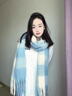 諄梧圍巾女秋冬季2025新款圍脖套保暖氛圍感韓版百搭學(xué)生送女朋友禮物 藍色奶油白格子圍巾 曬單實(shí)拍圖