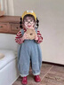 G.DUCKKIDS小黃鴨女童牛仔背帶褲套裝春季韓版復古兩件套女寶洋氣可愛(ài)上衣 套裝【復古藍牛仔背帶褲+條紋上 110 曬單實(shí)拍圖
