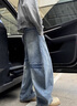 牧唯美式復古彎刀牛仔褲男士秋季寬松小眾cleanfie休閑百搭闊腿長(cháng)褲子 藍色 XL [建議125-140斤] 曬單實(shí)拍圖