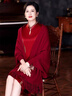 TKHE披風(fēng)婚禮媽媽旗袍禮服圍巾外搭女酒紅色新款披肩斗篷仿帶袖披肩 棗紅 [無(wú)亮片] 均碼 85-180斤左右 曬單實(shí)拍圖