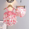 有彩嬰兒衣服夏季爬服女寶寶吊帶包屁衣夏裝純棉紗布無(wú)骨連體衣夏哈衣 花朵紗布吊帶哈衣+帽子 66cm(建議12斤以?xún)? 曬單實(shí)拍圖