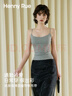 Henny Rue女士吊帶背心女純色棉質(zhì)細肩帶坑條自帶胸墊大圓領(lǐng)基礎款打底上衣 薄款麻灰色 L （建議105-130斤） 曬單實(shí)拍圖