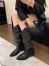 大東薇DADONGWEI低跟尖頭高筒長(cháng)筒靴子女2025新款夏秋季西部牛仔粗跟騎士靴堆堆靴 黑色 皮面 39 曬單實(shí)拍圖