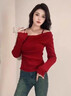 冶芷紅色一字肩假兩件吊帶上衣女秋季2025年新款設計感針織衫 純欲風(fēng)一字肩上衣紅色 M 曬單實(shí)拍圖