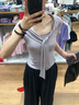 衣品元t恤女2025新款純欲風(fēng)V領(lǐng)短袖設計感小眾別致上衣披肩系帶修身正肩 紫色 M (95-110斤） 曬單實(shí)拍圖