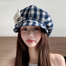 QUEEN TRIP可愛(ài)小貓蝴蝶結格紋貝雷帽女顯臉小翻檐八角帽大頭圍報童畫(huà)家帽子 藏青色-小貓蝴蝶結格紋貝雷帽 曬單實(shí)拍圖