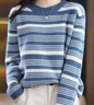 皮爾卡丹2025秋冬新款羊毛衫女大碼條紋毛衫寬松圓領(lǐng)毛衣女撞色針織打底衫 藍色 XL (建議120-130斤) 曬單實(shí)拍圖