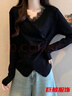 tromlfz大碼德絨設計感蕾絲拼接V領(lǐng)長(cháng)袖T恤女秋冬季新款不規則交叉打底衫 黑色 L 建議101-120斤 曬單實(shí)拍圖