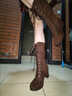壹號鳳棕色長(cháng)筒靴綁帶 cos特萬(wàn)用鞋高跟英倫風(fēng)馬丁女 咖啡色全新升級款 35 曬單實(shí)拍圖