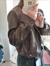 兔芊短款皮衣外套女春秋季PU皮夾克大碼女裝黑色pu短款水洗皮衣外套女 卡其色 均碼 XXXL建議160-180斤 曬單實(shí)拍圖
