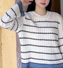 百圖betu女裝2025秋季新款毛針織衫撞色條紋微喇叭袖遮肉長(cháng)袖2508T12 藍白條 S 曬單實(shí)拍圖