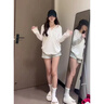 美式排扣v領(lǐng)蝙蝠袖白色長(cháng)袖t恤女秋季松弛感寬松慵懶風(fēng)設計感上衣 白色 M 曬單實(shí)拍圖