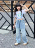 G.DUCKKIDS女童褲子春秋裝兒童長(zhǎng)褲大童闊腿褲大童女孩秋冬初中生直筒牛仔褲 藍(lán)色春秋款 120 cm 曬單實(shí)拍圖