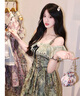 LULUALWAYS華服系列-窈窕淑女25夏季新款法式復古公主露肩連衣裙 綠色 L 曬單實(shí)拍圖