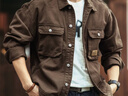 摘星少年設計感工裝外套男春秋款潮牌寬松美式復古翻領(lǐng)夾克休閑痞帥牛仔衣 咖啡色 立體袋貼標牛仔外套 均碼 XL 131-145斤 曬單實(shí)拍圖