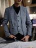 花花公子（PLAYBOY）格子男士休閑西服套裝修身韓版結(jié)婚小西裝外套商務(wù)正裝 灰藍【單件上衣】+領(lǐng)帶 2XL 曬單實拍圖