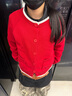 領(lǐng)邊間色 100%棉 紅色開(kāi)衫女士圓領(lǐng)秋冬毛衣外套外穿針織衫 寬松5 大紅色 XL 建議135-150斤 曬單實(shí)拍圖