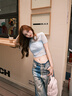ANN ANDELMAN【吳佳怡同款】重工做舊洗水直筒牛仔褲寬松休閑長(cháng)褲 藍色 XS 曬單實(shí)拍圖