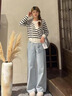 蘇雨薇韓系假兩件條紋v領(lǐng)連帽長(cháng)袖針織衫女春秋設計感獨特漂亮寬松上衣 白條紋【關(guān)注店鋪-送運費險】 M 推薦（95-105斤）【送運費險】 曬單實(shí)拍圖
