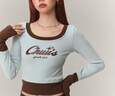 CHUU字母印花T恤女2025年冬季新品假兩件拼接撞色修身打底短上衣 灰藍 00 曬單實(shí)拍圖