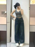衣然呈品美式復古牛仔褲女士秋季新款高腰寬松顯瘦小個(gè)子闊腿微喇長(cháng)褲子女 深藍色 M 【建議95-110斤】 曬單實(shí)拍圖