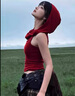 槿城美式蕩領(lǐng)紅色連帽背心女夏季泰式旅游穿搭甜辣妹抹胸無(wú)袖上衣A014 紅色 M 曬單實(shí)拍圖